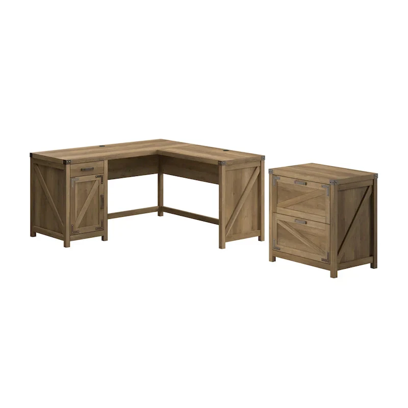 L-Shaped Corner Desk with 2-Drawer File Cabinet – Restored Gray / Reclaimed Pine / Cottage White