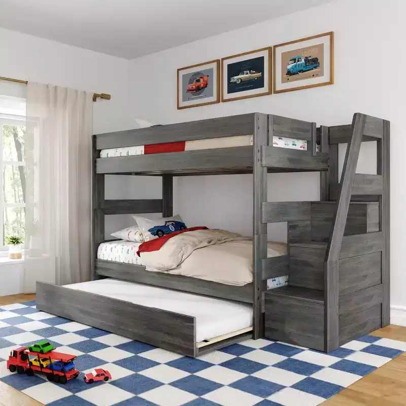 Modern Farmhouse Twin Over Twin Bunk Bed With Staircase and Trundle