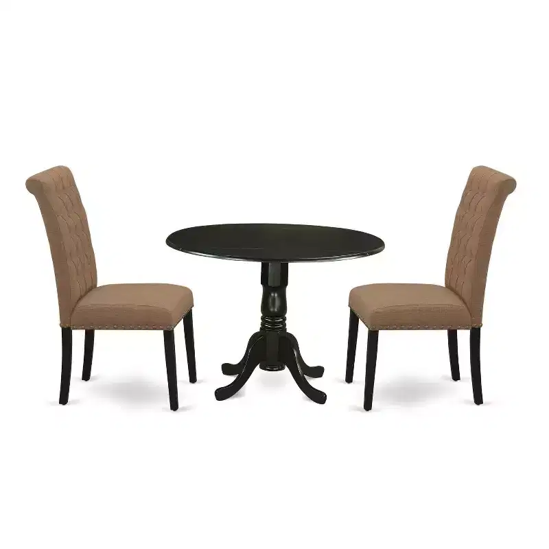 3-Pc Black Finish Solid Wood Top - Round Dining Room with Dropleaf - Seats 4