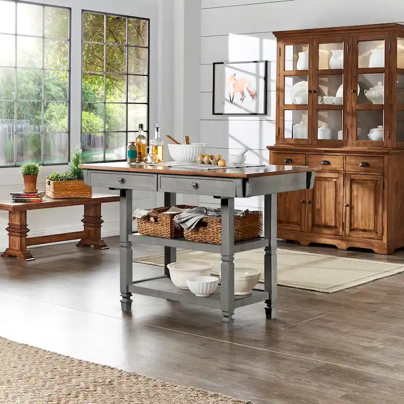 Two-Tone Kitchen Island Buffet with Drawers and Shelves