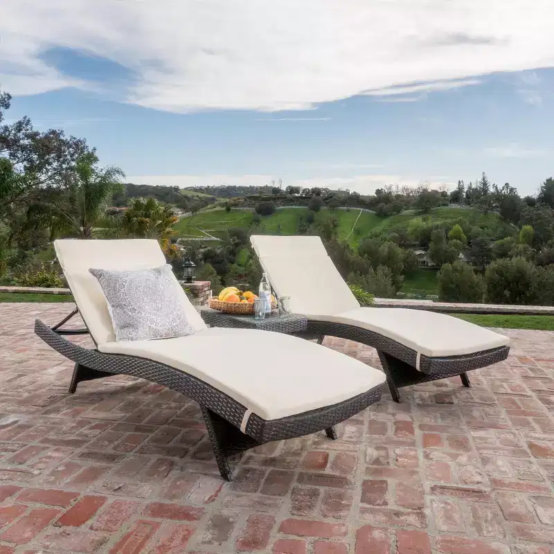 GDFStudio Olivia Outdoor Wicker 3 Piece Armless Folding Chaise Lounge Chat Set with Cushions