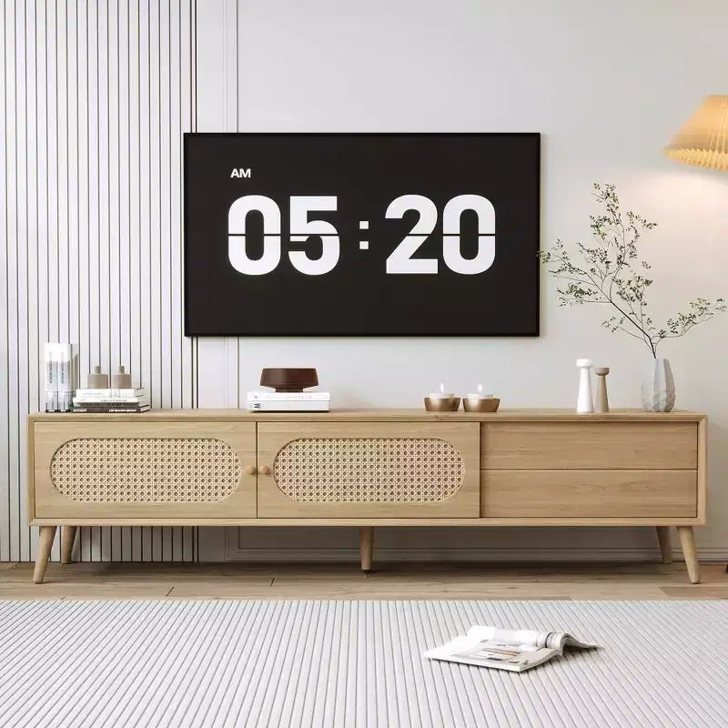 Boho TV Stand with Drawers for 75 inch TV, Wood TV Storage Cabinet Table with Solid Wood Legs for Living Room, Natural