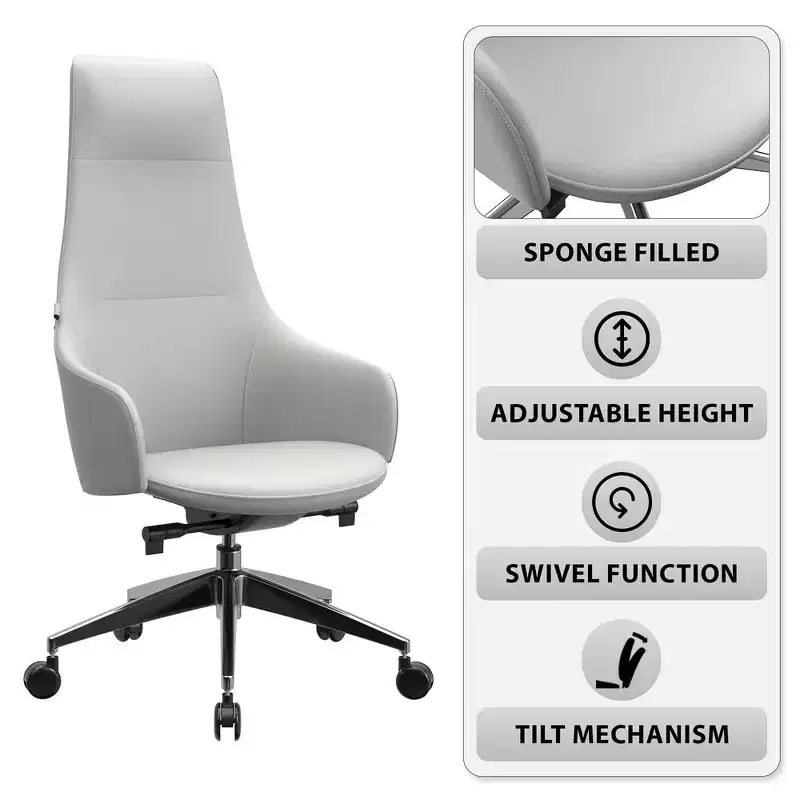 LeisureMod Celeste High-Back Leather Office Chair with Headrest - Modern Iron Frame Swivel & Tilt Executive Desk Chair