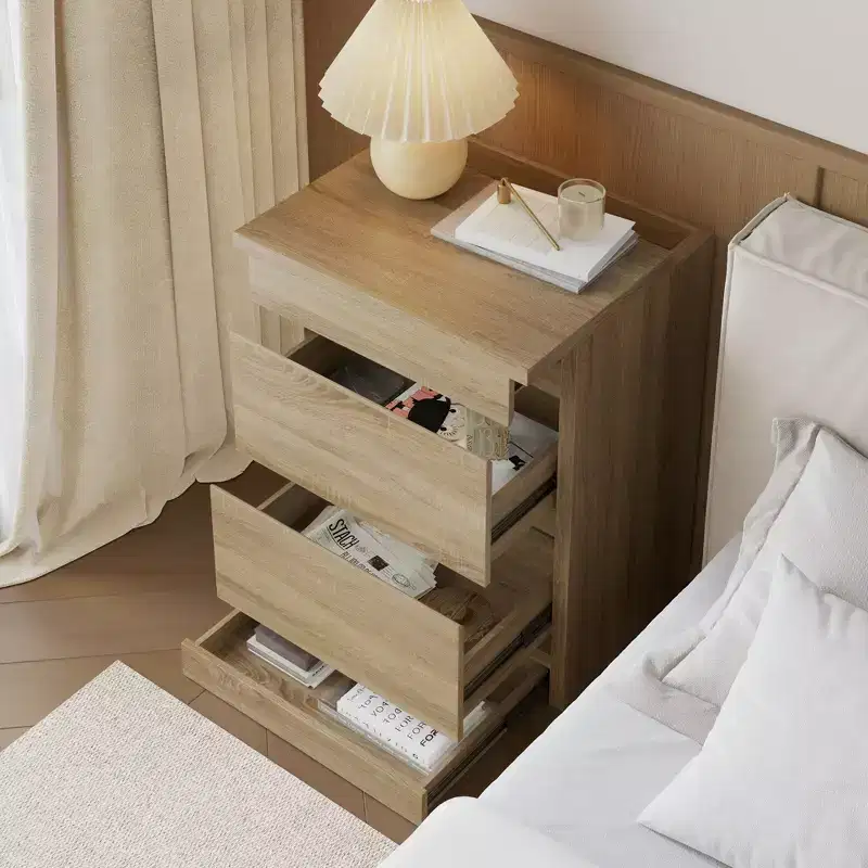Smart Light Oak Nightstand with Hidden Drawer, Top Flip-Door with NFC Lock & Bottom Kick Drawer, Side Table for Bedroom & Living Room
