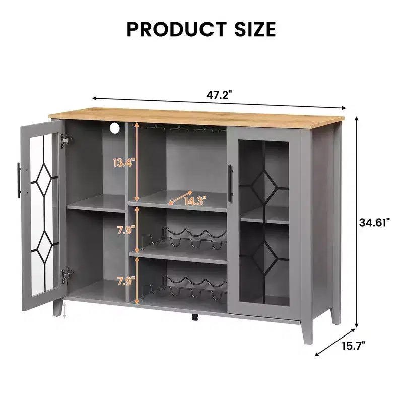 47 Wooden Bar Cabinet with Glass Doors - Wine Storage Station with Adjustable Shelves