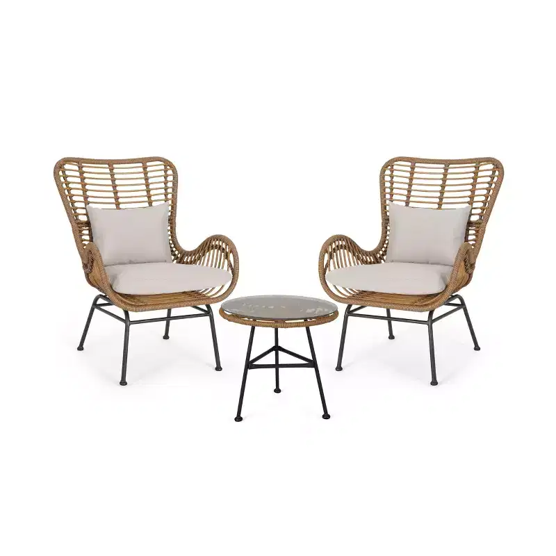 GDFStudio Izidro Outdoor Wicker and Glass 3 Piece Chat Set with Cushions, Light Brown/Beige