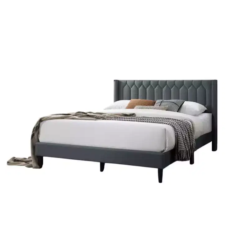 Royal Hampton Queen Size Bed, Geometric Stitched Charcoal Gray Burlap Upholstery