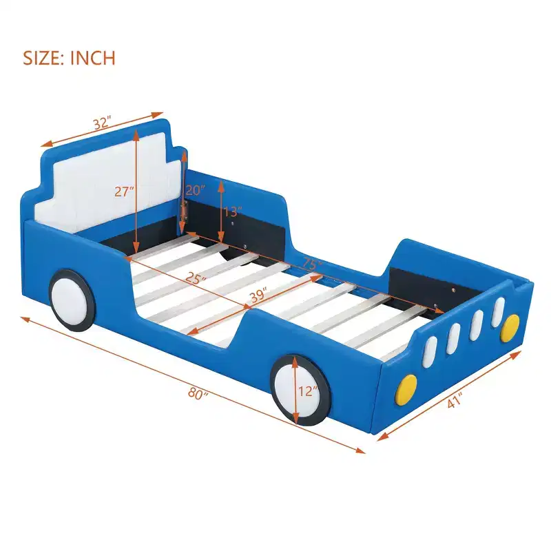 Bellemave Twin Size Race Car-Shaped Platform Bed with Wheels, with Headboard and Footboard, for Boys,Blue