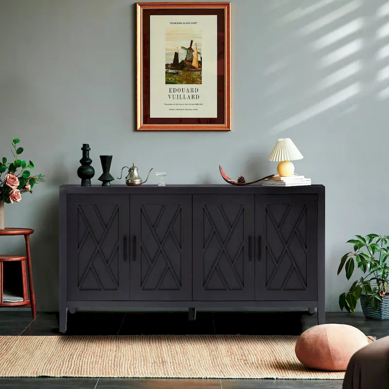Black 4-Door Sideboard, Farmhouse Style, Wood Finish