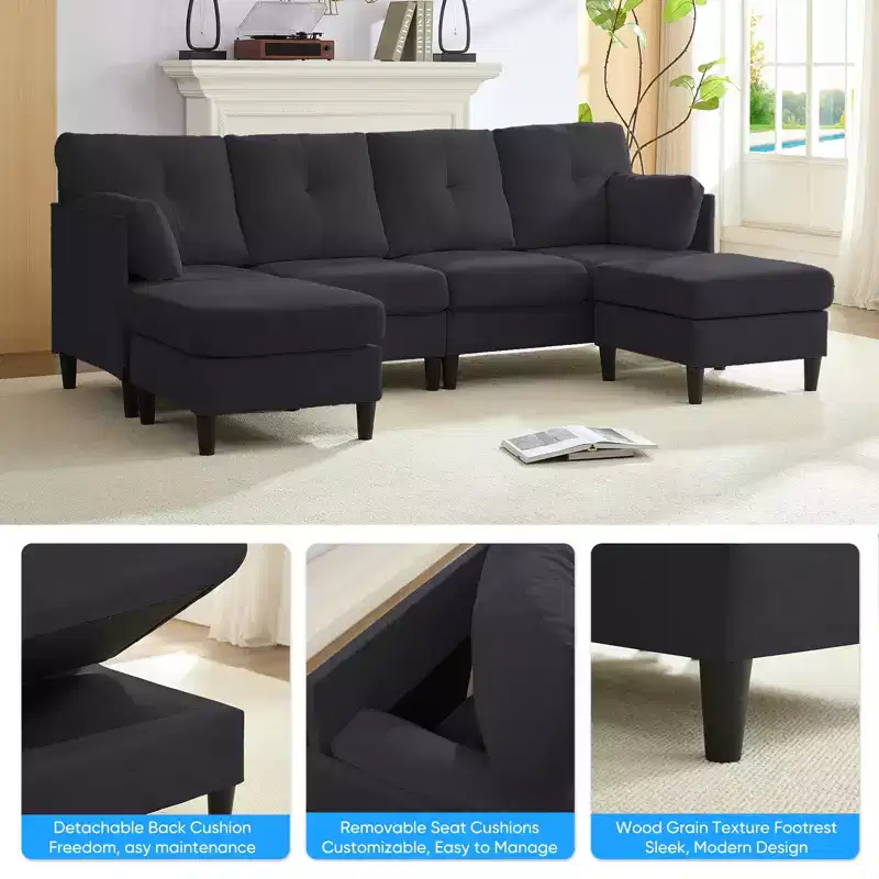 Mjkone Modular Convertible Sectional Sofa Couch, Upholstered Comfy Fabric 4-Seater Sofa with Movable Ottomans