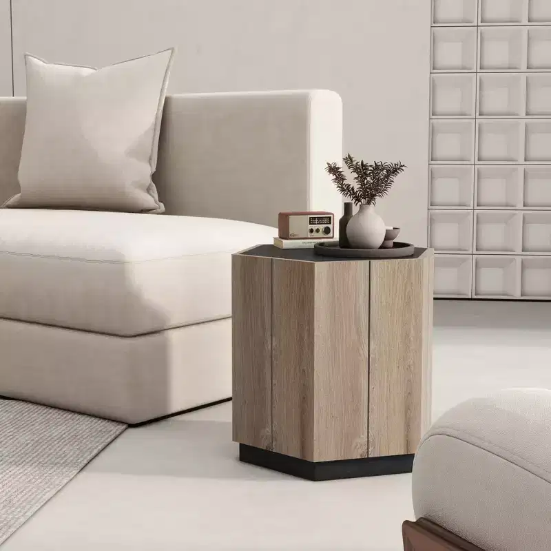 Retro Wood Coffee Table, Hexagonal Textured Black Warm Oak Corner Table with Drawer Storage Wood Center Circle Accent Table for Living Room, Bedroom