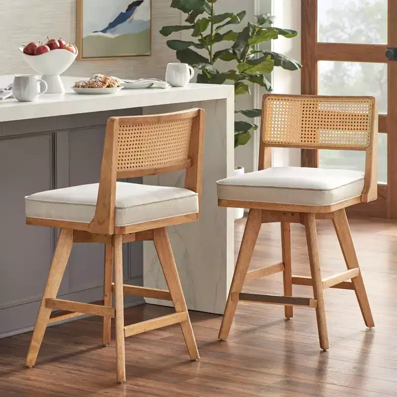 Set of 2Swivel Counter Height Barstools, Beige Seat & Light Walnut Base