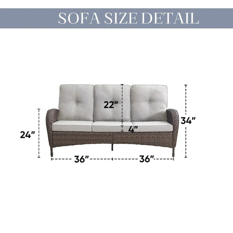Rattan Sofa Couch with Swivel Rocking Chairs, Ottomans - Brown