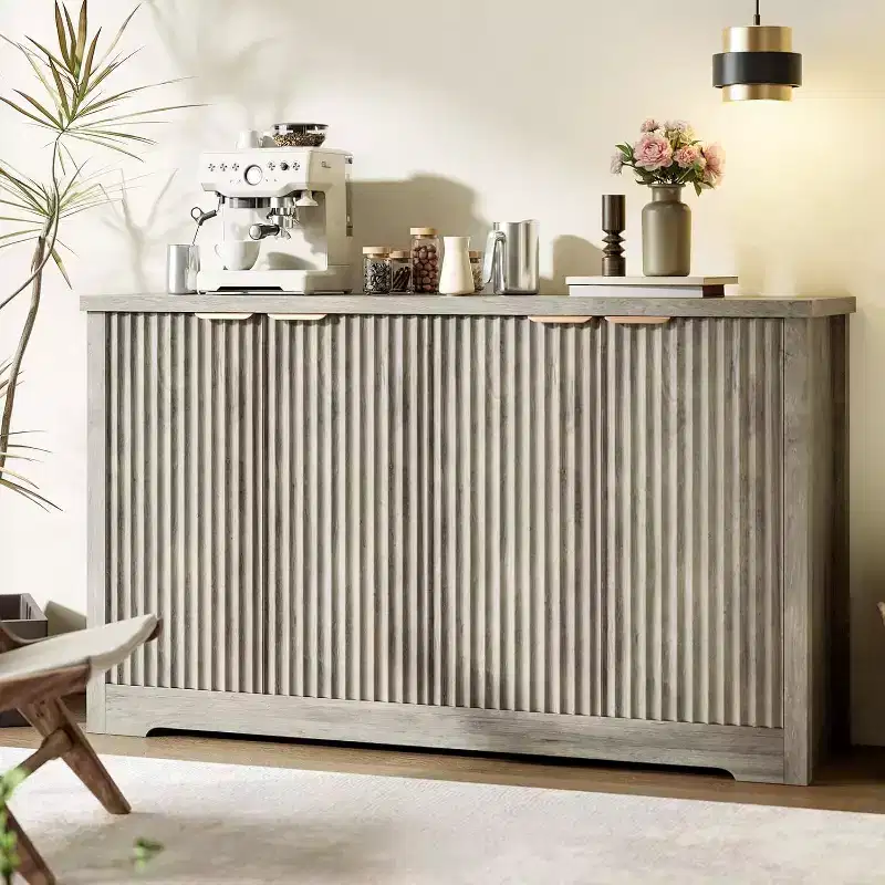 Modern Fluted Wood Sideboard Cabinet with 4 Doors and Adjustable Shelf, Spacious Tabletop, Versatile Buffet and Coffee Bar Console for Dining Room