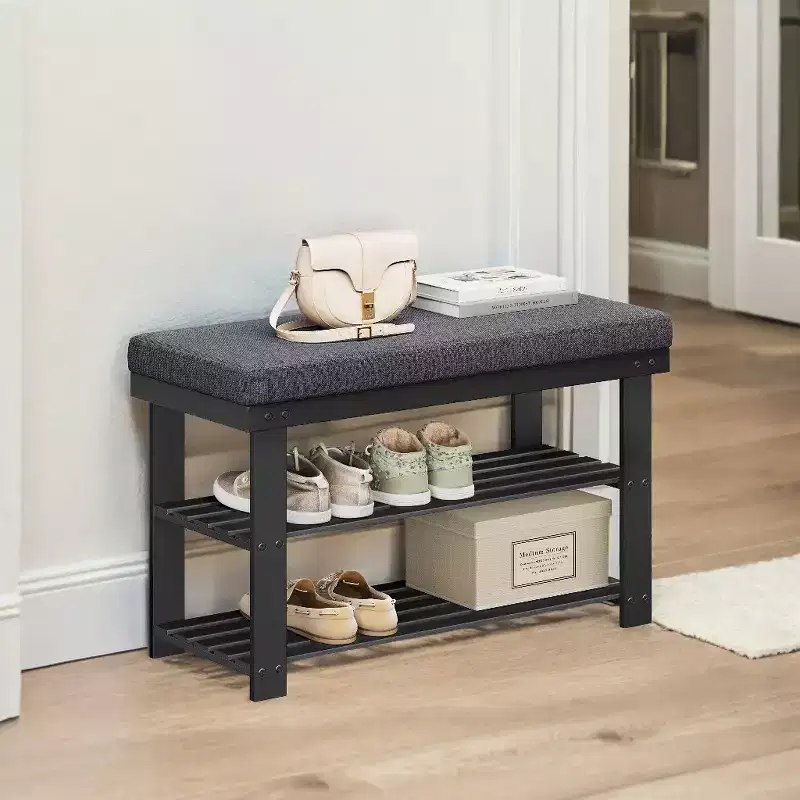 Bamboo Shoe Bench, 3-Tier Shoe Rack, Stable Shoe Organizer for Entryway, Living Room, Bench Seat Holds Up to 330 lb, 11.4 x 28 x 19.3 Inches