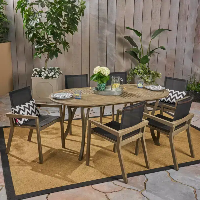 Christopher Knight Home Arletta Outdoor Mesh and Acacia Wood 7 Piece Dining Set