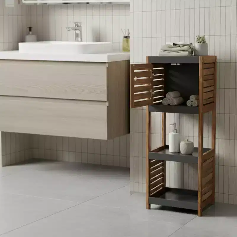 Evideco French Home Goods Bathroom Linen Storage Floor Cabinet Elements Acacia - Gray Wood
