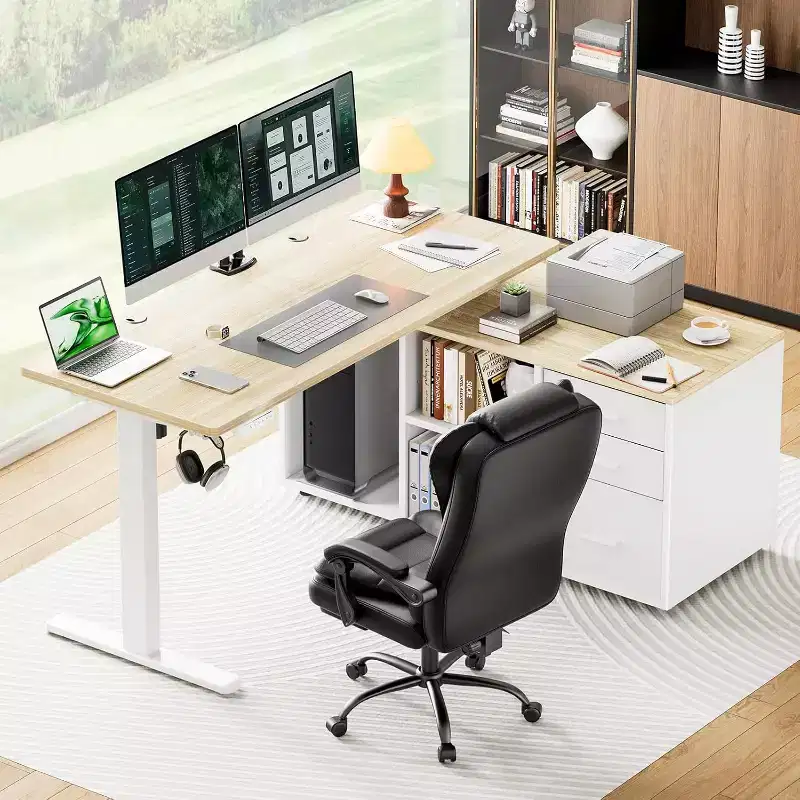 55 X 24 In Electric Height Adjustable Stand up Desk, L-Shaped Executive Standing Desk with File Cabinet, Home Office Modern Computer Desk