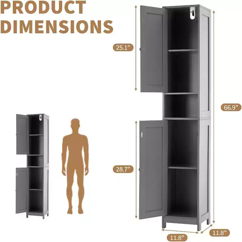 Slim Tall Bathroom Storage Cabinet with Double Doors - Freestanding Floor Cabinet for Small Spaces