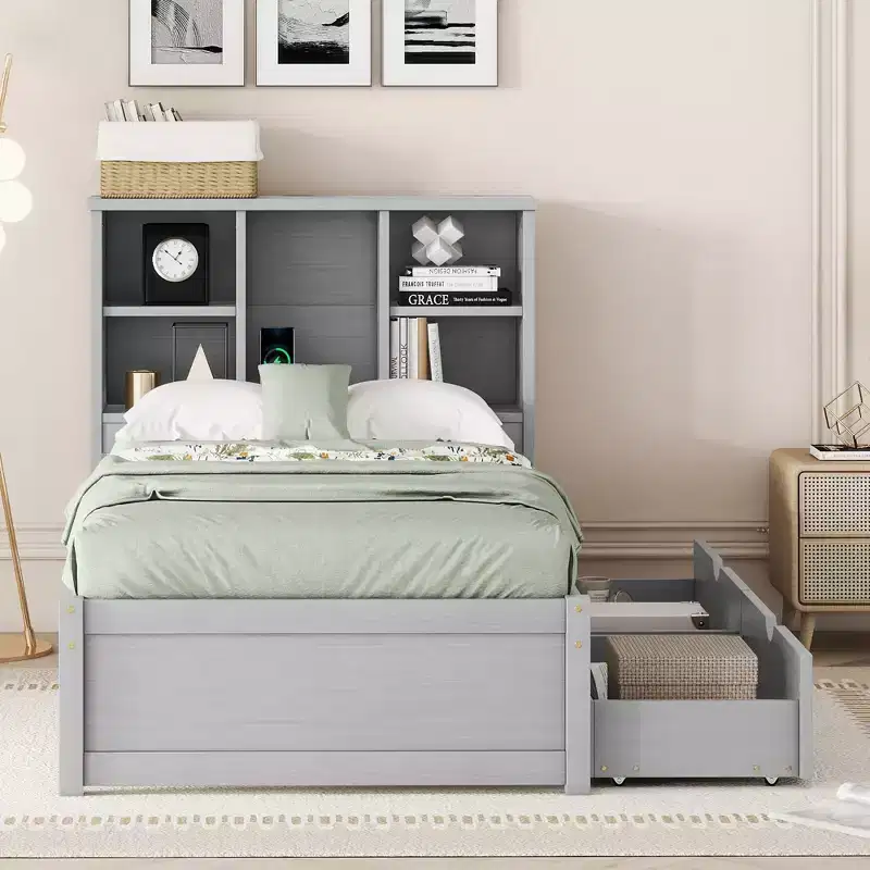 Bellemave Modern Twin Size Bed Frame With Built-in USB Port on Bookcase Headboard and 2 Drawers