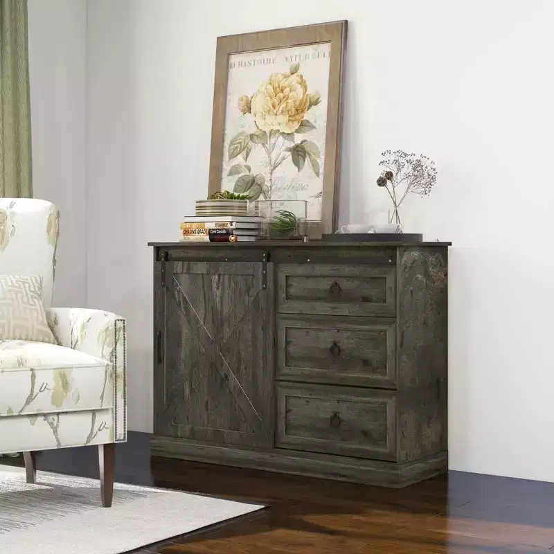HOMCOM Farmhouse Coffee Bar Cabinet, Kitchen Sideboard, Buffet Cabinet with Sliding Barn Door and 3 Storage Drawers for Living Room