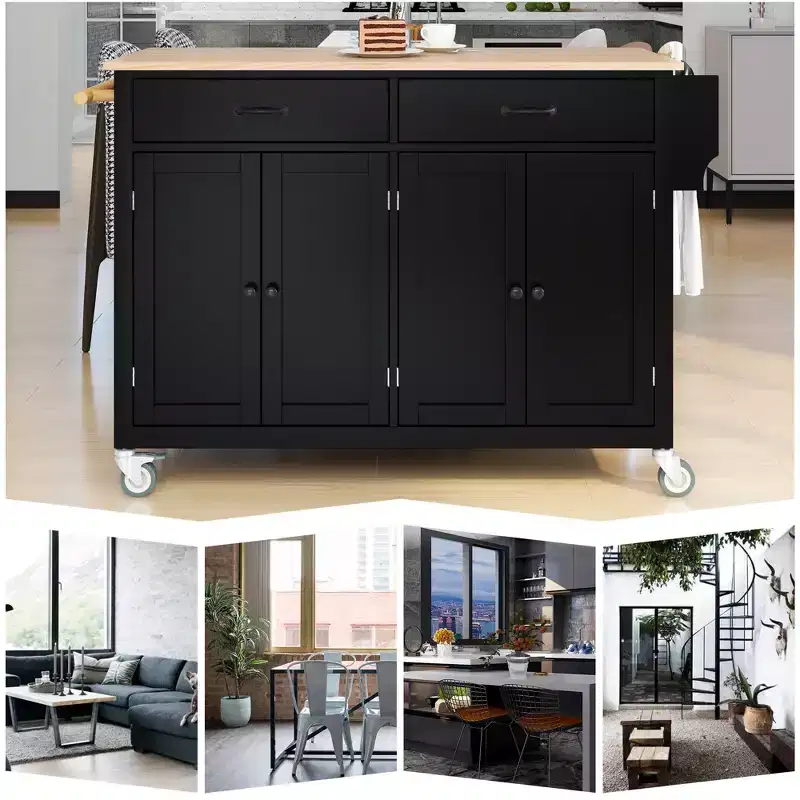 JVNOXK-Kitchen Island Cart with Solid Wood Top and Locking Wheels,54.3 Inch Width,4 Door Cabinet and Two Drawers,Spice Rack, Black