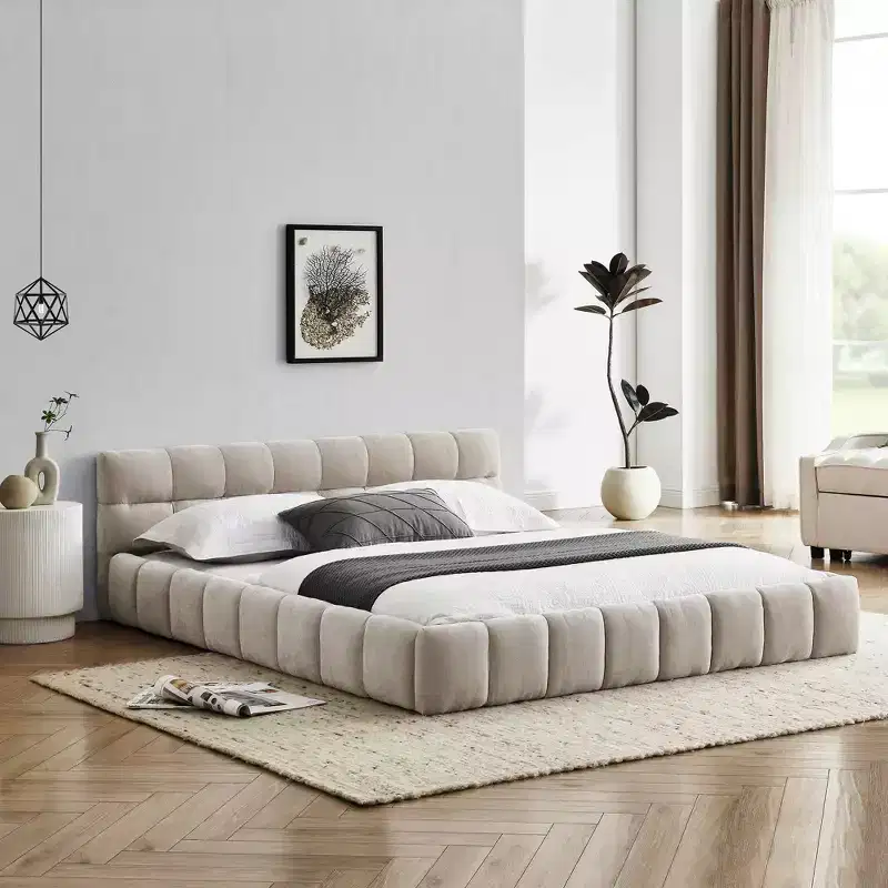 MAYEERTY Queen Size Upholstered Bed Frame with Headboard Solid Frame Chenille Fabric Beige