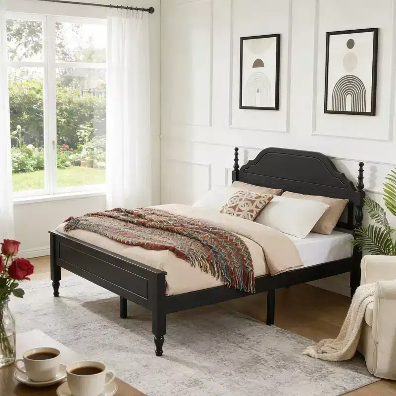 Ashbourne Modern Upholstered Bed with Curved Headboard — Queen, Polyester