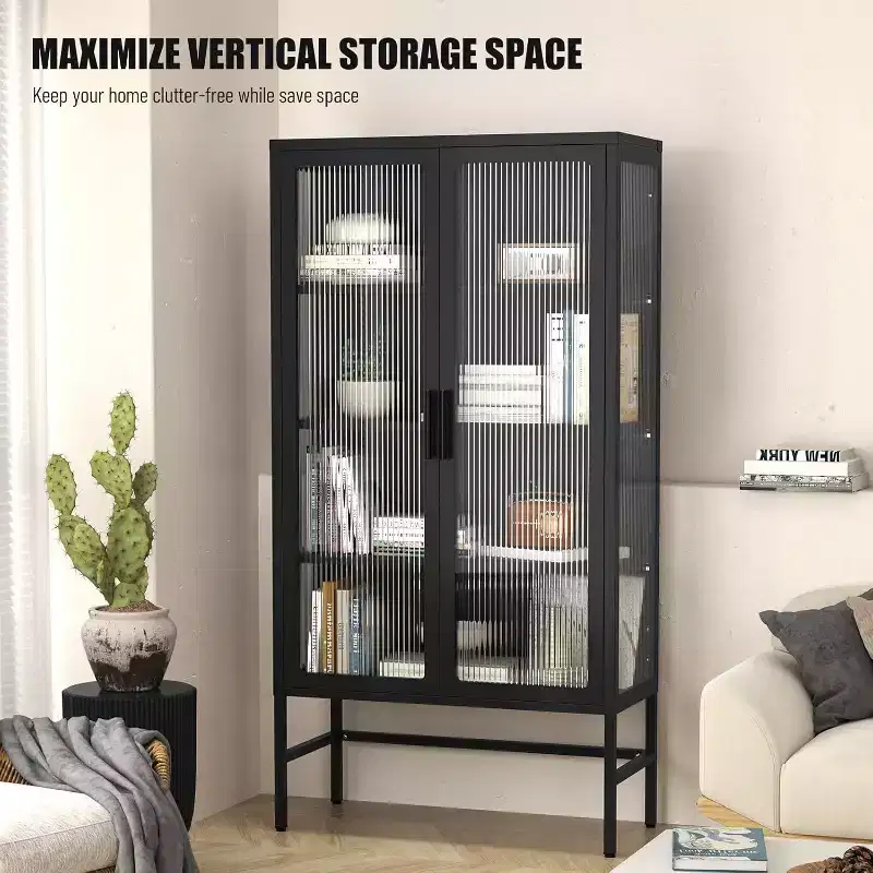 Display Cabinet with Glass Doors, Curio Cabinet with 3-Tier Adjustable Shelves Storage Cabinet for Home, Living Room and Office Black