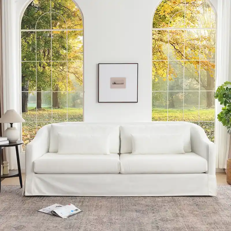 3-Seater Linen Slipcovered Sofa with 4 Pillows and Skirt, 90W