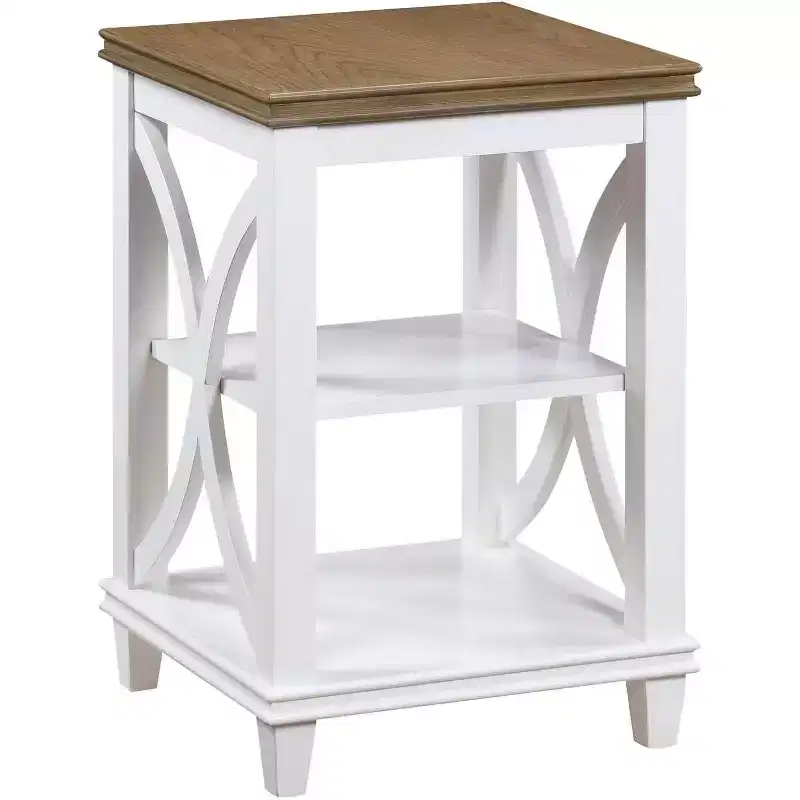 End Table with Shelves Italian Inspired X-Side Design Two-Tier Storage Solid Rubberwood with Oak Veneer Accent Table