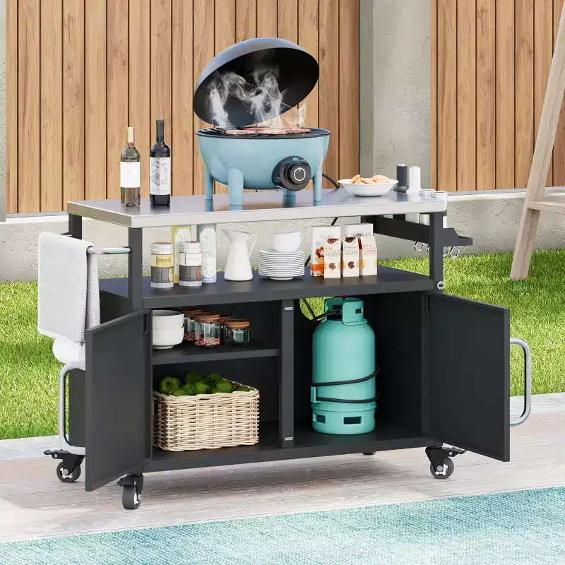 54.5 Outdoor Kitchen Island with Stainless Steel Tabletop, Spice Rack & Towel Rack, BBQ Grill Cart with Lockable Wheels, Black