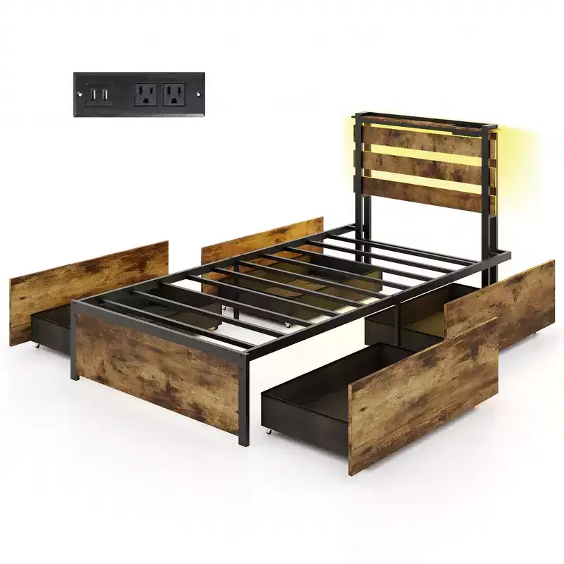 Costway Twin Size Bed Frame w/ Drawers LED Lights Outlets & USB Ports Smart APP Control