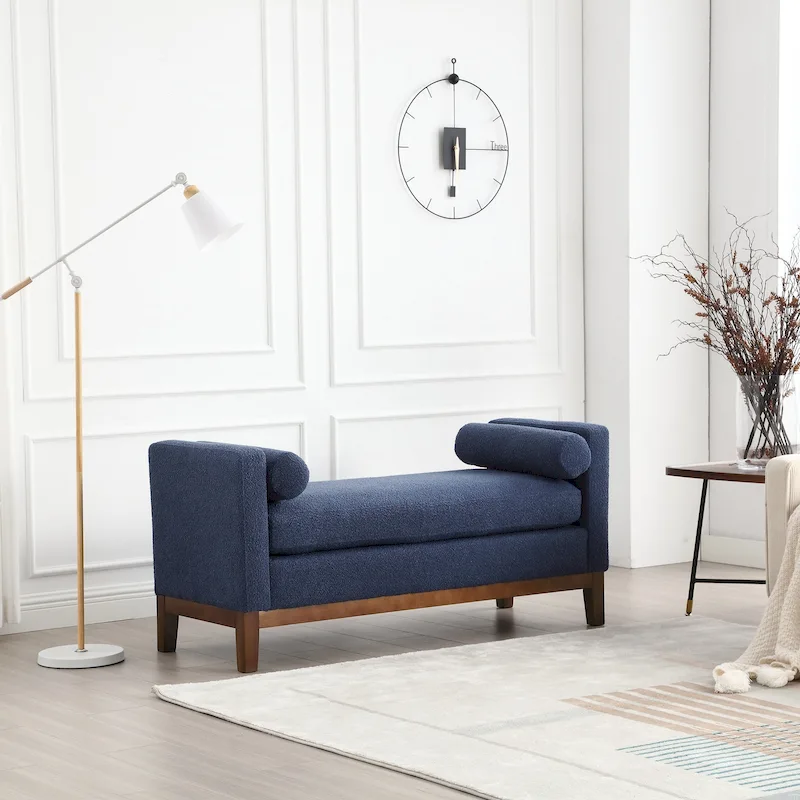 Upholstered Bench Wood Legs and Bolster Pillows