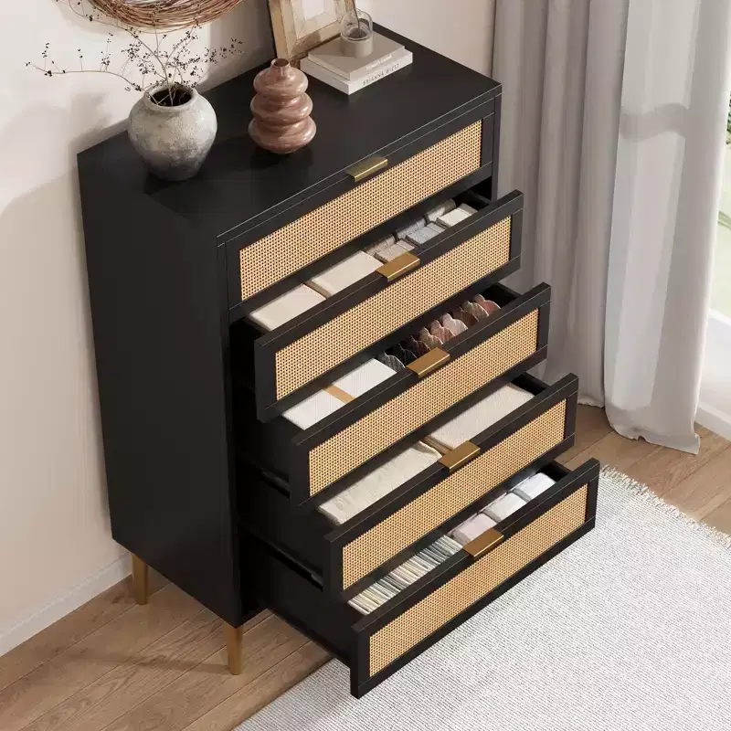 Acekool Rattan 5 Drawer Dresser with Gold Legs Tall Chest for Bedroom & Living Room