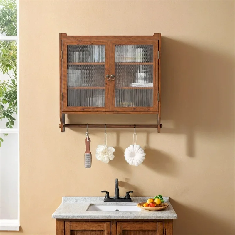 24.8Glass Door Vintage Double Door Wall Cabinet with Three Tiers