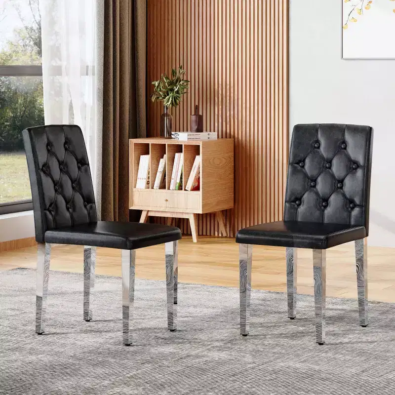 Modern PU Upholstered Dining Chairs Set of 2, Silver Metal Legs, Luxurious Armless Chairs for Kitchen or Dining Room-Panipeachy