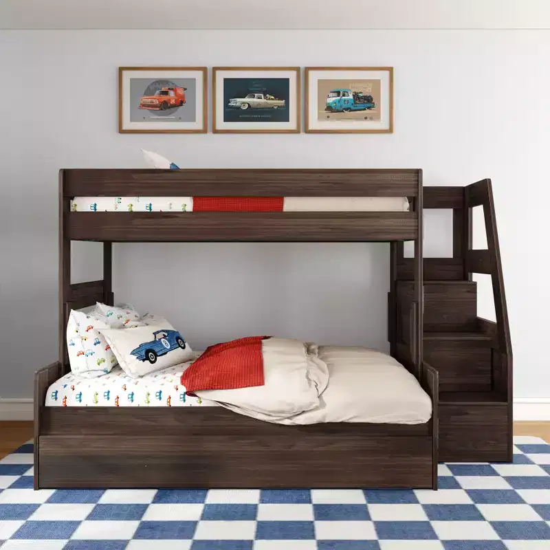 Modern Farmhouse Twin Over Full Bunk Bed With Staircase and Trundle