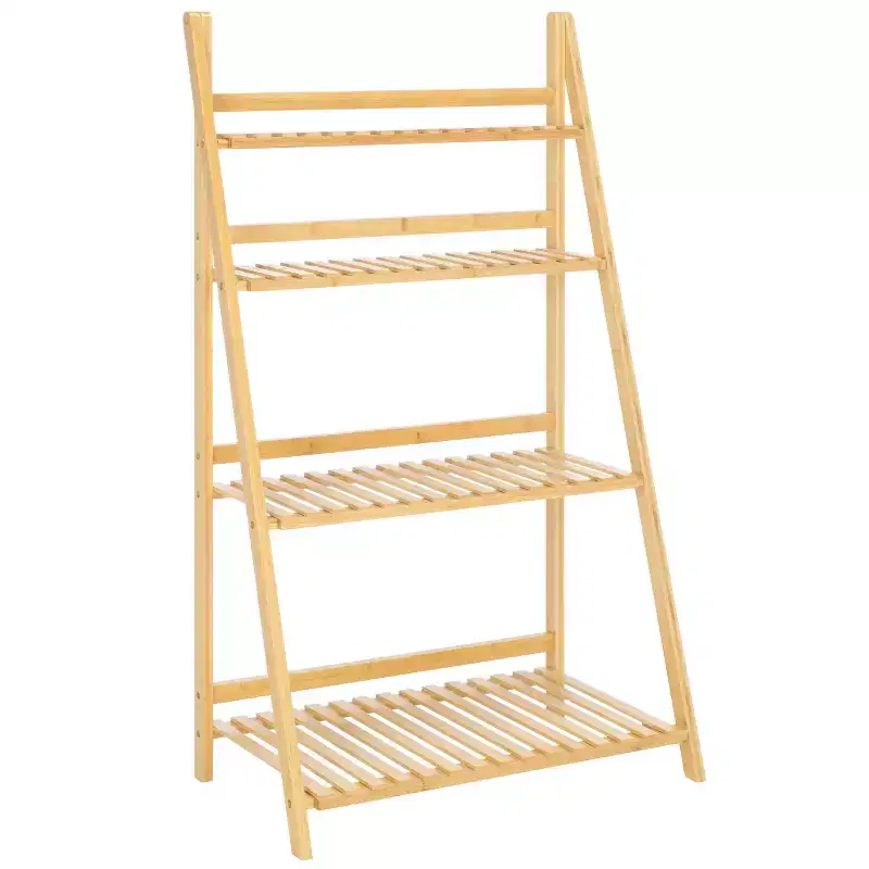 4-Tier Bamboo Ladder Bookshelf, Natural Finish, Open Back Display Shelf