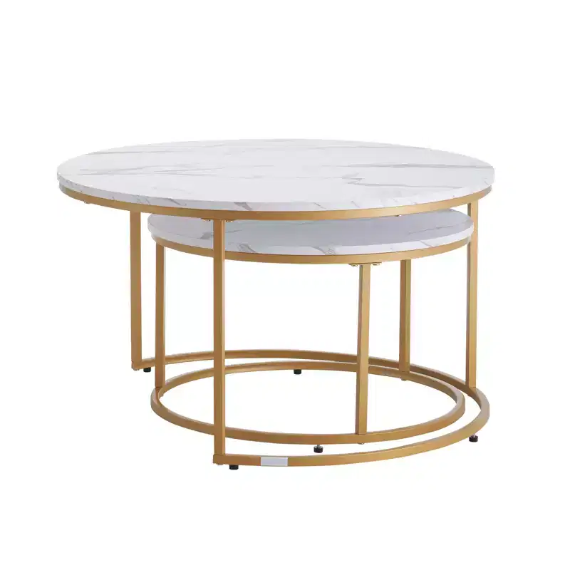 Nesting Coffee Table, 31.5 in Round Coffee Table, Nesting Tables, Vintage End Side Tables Night Stand with Metal Frame, White & Gold