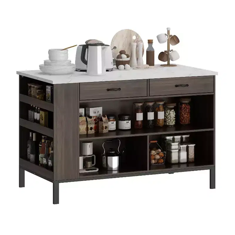Famapy Kitchen Island Cart with Marble Countertop,2 Drawers,6 Shelves,Metal Legs,Ample Storage,Pantry Cabinet,Dining Table,All-in-One Kitchen Solution