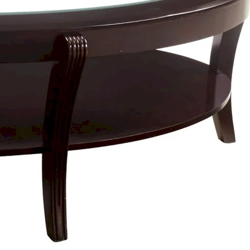 Oval Wooden Cocktail Table with Glass Insert and Open Shelf, Espresso Brown