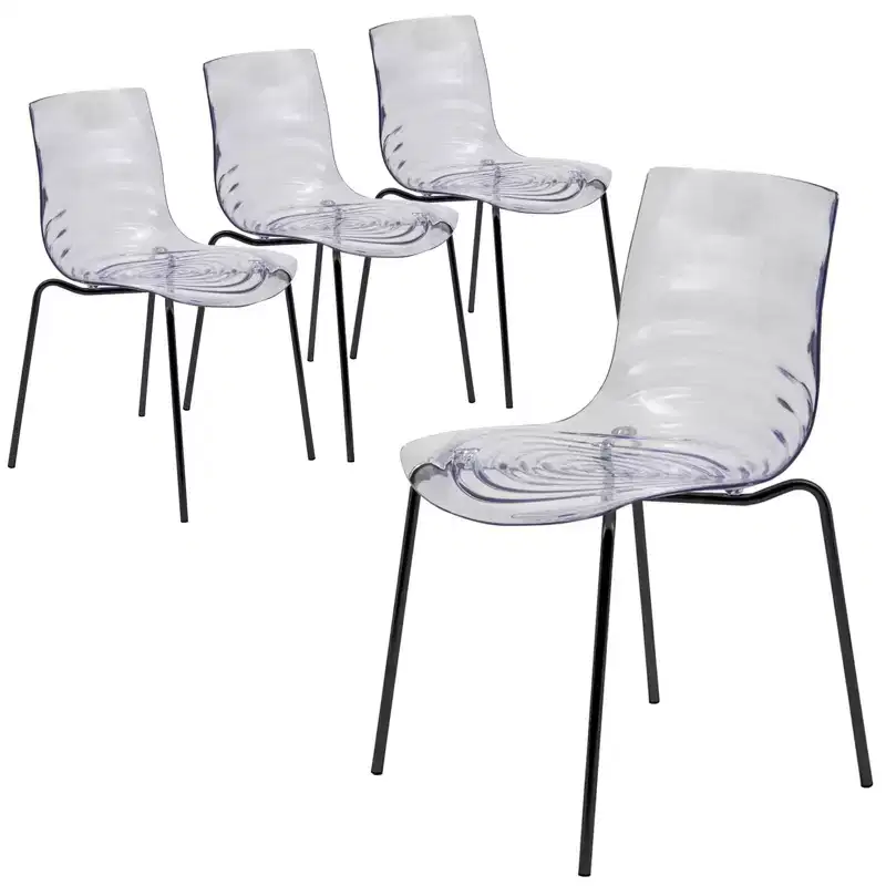 LeisureMod Astor Plastic Dining Chairs Set of 4  Water Ripple Design with Black Stainless Steel Legs, Modern Accent Chairs for Kitchen, Dining Room