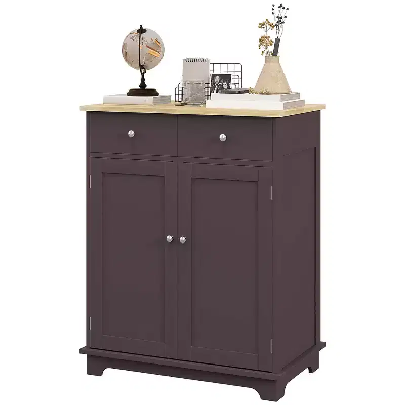 Kitchen Storage Cabinet, Sideboard Floor Cupboard with Solid Wood Top, Adjustable Shelf, and 2 Drawers