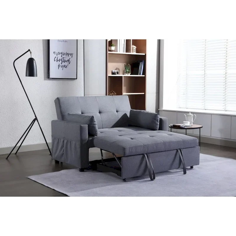 Light Grey Linen Fabric 3-In-1 Convertible Sleeper Loveseat With Side Pocket