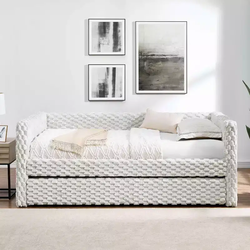 Twin Size Bed Upholstered Sofa Bed Plaid Couduroy Fabric for Bedroom Beige