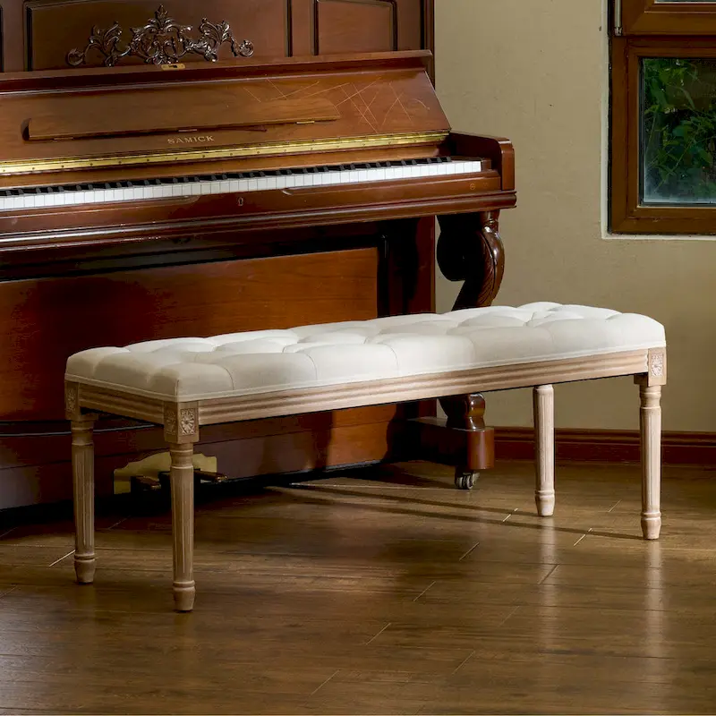 Extra Long French Vintage Upholstered Bench w Carved Wood Frame