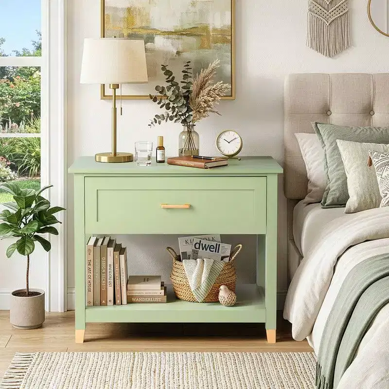 Light Green Nightstand – P2 MDF, 1 Drawer & 1 Shelf, 29.5