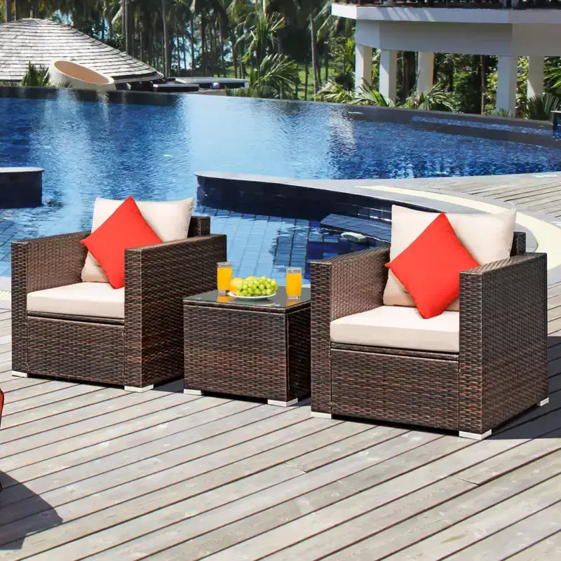 Costway 3PCS Patio Rattan Outdoor Furniture Set w/ Cushioned Sofa Coffee Table