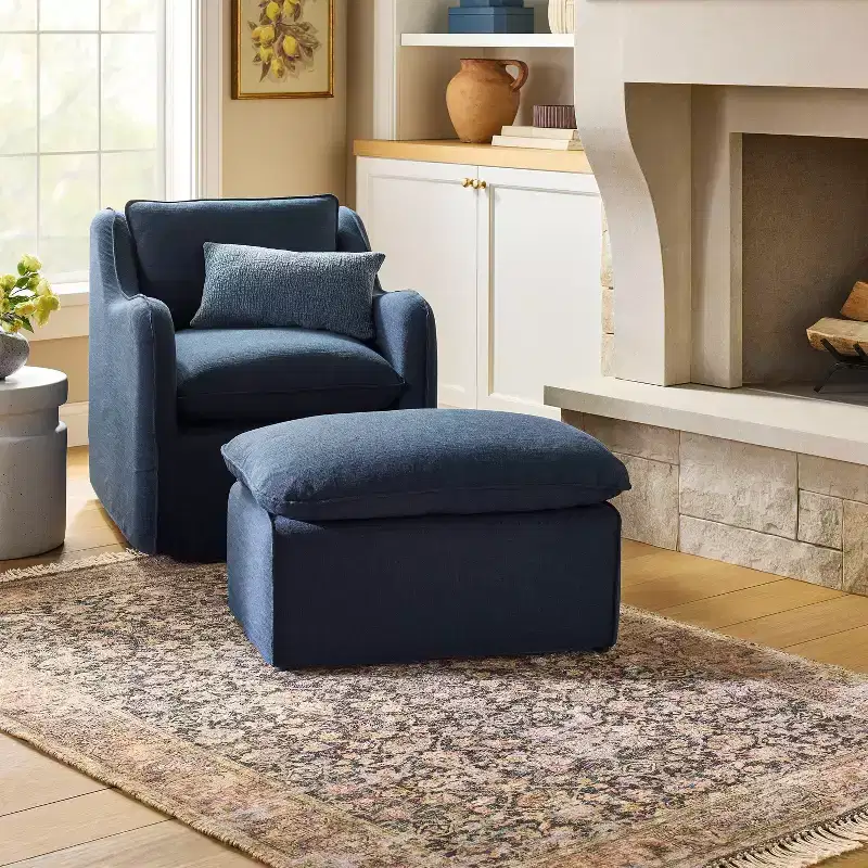 Padded Slipcover Ottoman, Blue, Square
